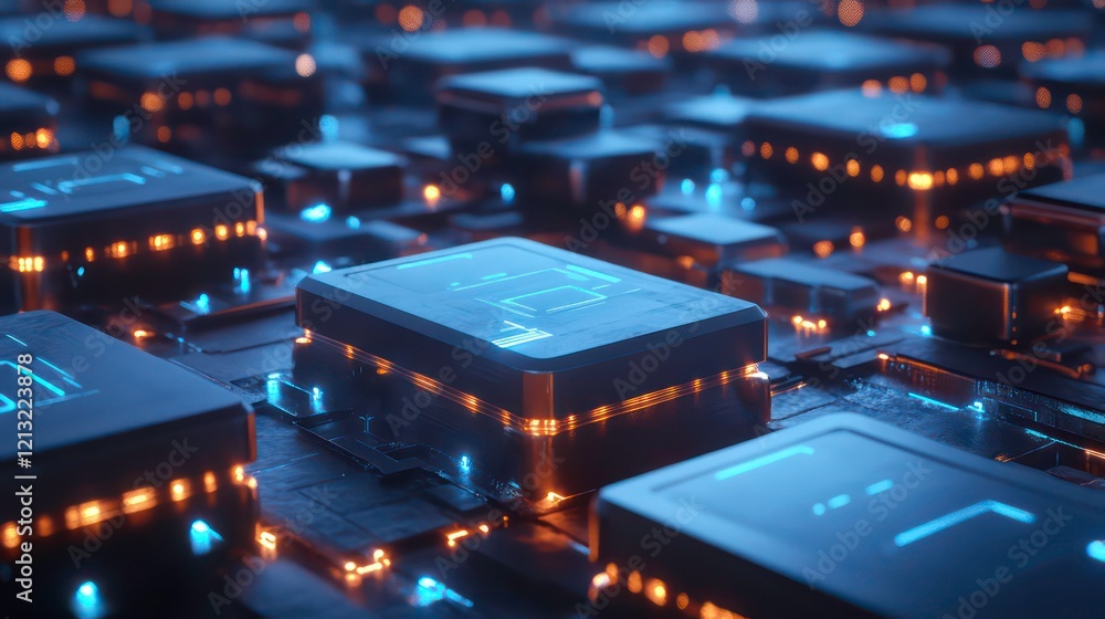 Poster Abstract digital circuitry with glowing components.
