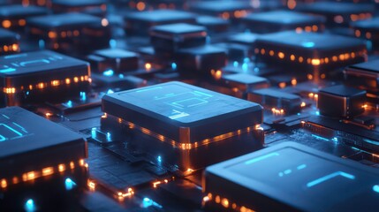 Abstract digital circuitry with glowing components.