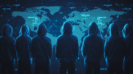 Obraz premium Hacker are planning to hack and attack networks and cyber security systems.team people innovation connection of line from nail node to node on map background , networking concept