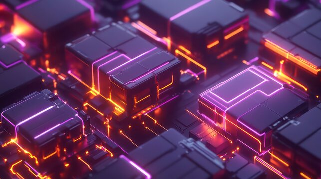 Abstract 3D rendering of glowing neon purple and orange lines connecting dark metallic cubes.