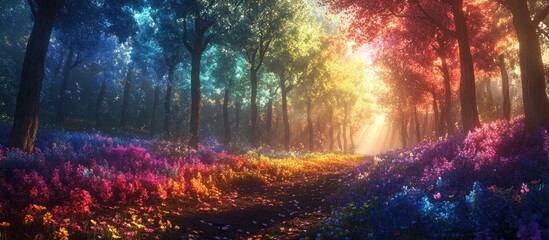 Enchanted autumn forest path glowing in mystical sunlight leading through a vibrant and colorful landscape with lush foliage ethereal mist and a serene fairytale like atmosphere