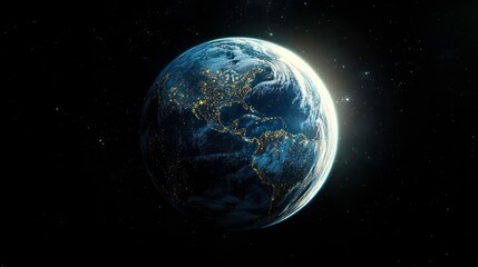 Obraz premium Earth at night, illuminated cities, continents visible, stars in background.