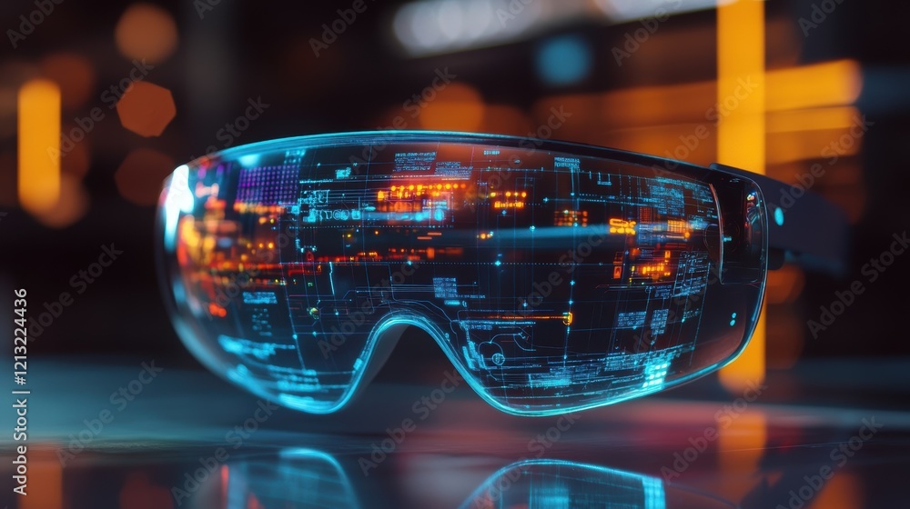 Poster futuristic augmented reality glasses are displaying holographic data and information, with a blurred