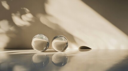 Glass spheres reflecting light on smooth surface