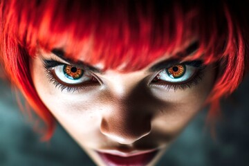 Short coiffure - red hair. Lovely very shocked black girl - for ads, billboard and social platforms networks use. Commercial ad visual idea visual graphic design. Creative portrait ads.