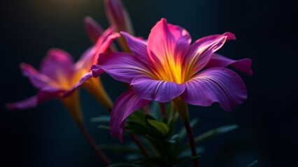 Fototapeta premium A vibrant dondiego de noche with multi-colored petals in pink, purple, and yellow. The flower blooms at dusk, releasing a sweet fragrance and standing out in the evening garden under the night sky.