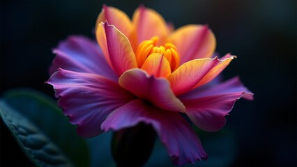 A vibrant dondiego de noche with multi-colored petals in pink, purple, and yellow. The flower blooms at dusk, releasing a sweet fragrance and standing out in the evening garden under the night sky.