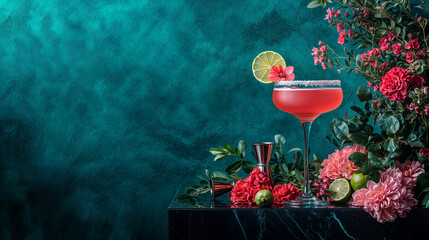 ATMOSPHAIRIC MINIMAL COCTAIL scene showcasing a cocktail glass filled with a layered, colourful drink. The glass is adorned with a slice of lime, a sprig of mint.
