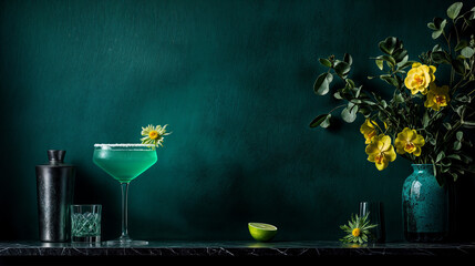 ATMOSPHAIRIC MINIMAL COCTAIL scene showcasing a cocktail glass filled with a layered, colourful drink. The glass is adorned with a slice of lime, a sprig of mint.
