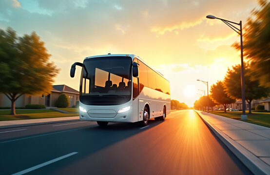 White tourist bus drives along suburban street during sunny day. Travelers enjoy journey. Houses, trees line street. Beautiful sunny day. Bus moves quickly. Perfect for travel, vacation photo stock.