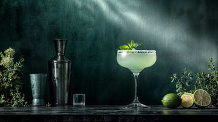 ATMOSPHAIRIC MINIMAL COCTAIL scene showcasing a cocktail glass filled with a layered, colourful drink. The glass is adorned with a slice of lime, a sprig of mint.
