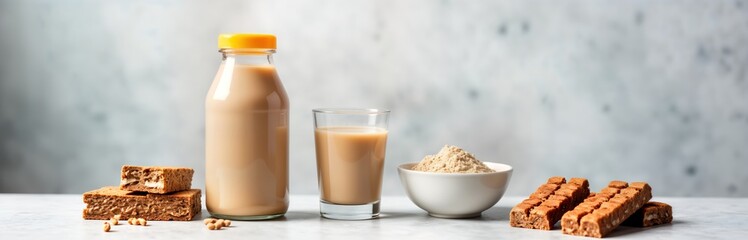 Healthy protein drink ingredients displayed on light table. Protein shake bottle, powder next to protein bars, soy milk. Fitness nutrition products. Great for athletes, people care about healthy © miss irine