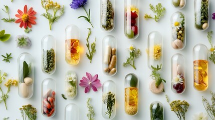 Close up of herbal supplements with flowers and fresh herbs inside transparent capsules top view