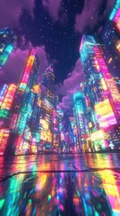 Fototapeta premium Captivating Neon Lit Cityscape Dazzling Futuristic Urban Landscape Aglow with Vibrant Kaleidoscopic Lights at Night Surreal