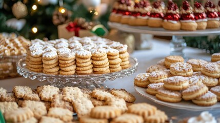 Vanilla cookies and Christmas decor arranged on a festive table