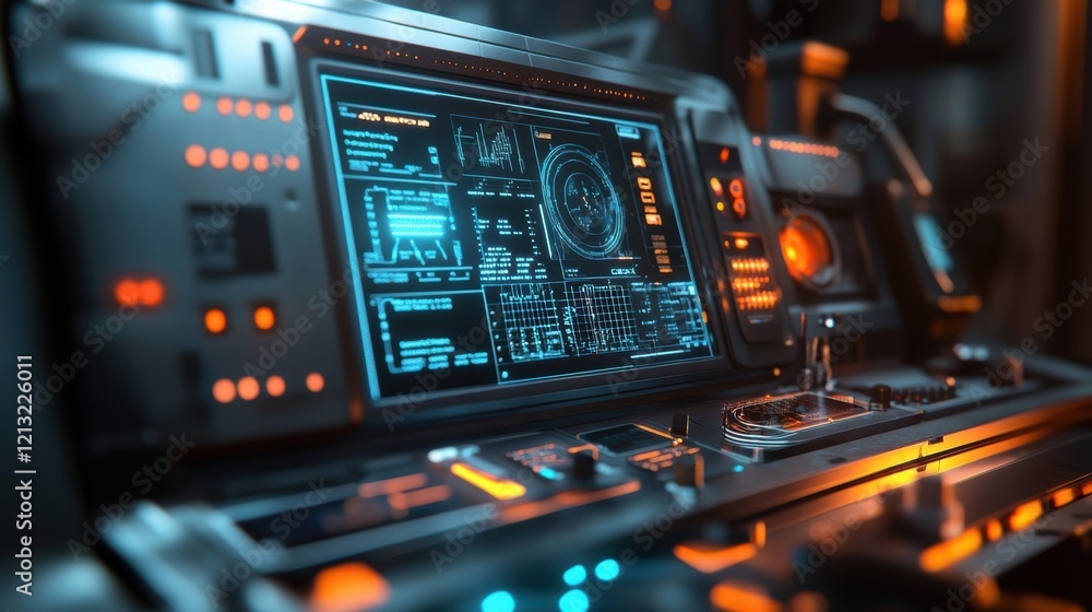 Poster futuristic control panel with glowing blue and orange lights displays complex data visualizations an