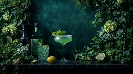 ATMOSPHAIRIC MINIMAL COCTAIL scene showcasing a cocktail glass filled with a layered, colourful drink. The glass is adorned with a slice of lime, a sprig of mint.
