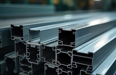 Aluminum extrusion process displays metal profiles stacked neatly. Manufacturing tech produces precise shapes. Industry uses profiles in construction. Factory setting shows metalworking efficiency.