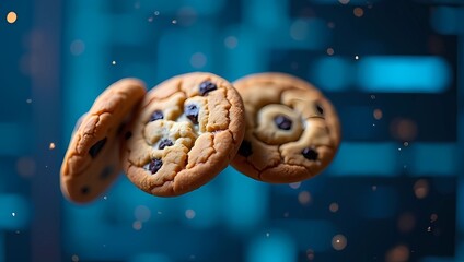 Flying cookies on dynamic blue data background, online privacy and data protection regulations on internet, website uses cookie concept