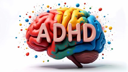 "ADHD" text on 3d colorful human brain with vibrant paint splashes, isolated on white background, concept of neurodiversity. Illustration for World ADHD Awareness 