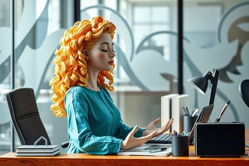Young woman meditating at office desk with closed eyes

