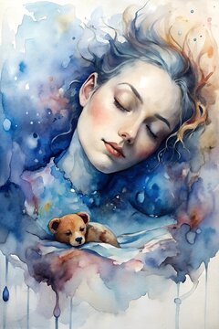 Watercolor _ a young woman of 18-25 years old sleeps hugging a teddy bear from her childhood, this bear may be imaginary - just a symbol of security from childhood, living in her heart.