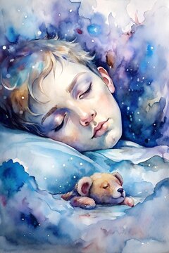 Watercolor _ a boy of 8-12 years old sleeps hugging a teddy bear from childhood, this bear can be an imaginary symbol of childhood
