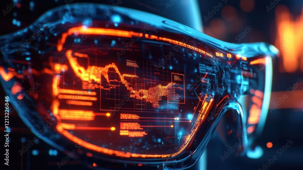 Poster futuristic glasses are displaying data analysis, statistics, and key performance indicators in augme