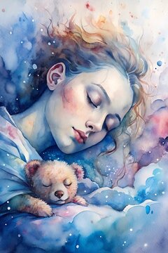 Watercolor _ a young person with an androgynous appearance and a scratch on her cheek sleeps in an embrace with a teddy bear from her childhood.