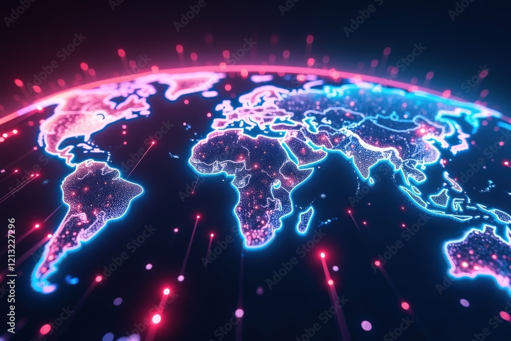 Poster futuristic digital globe with neon connections showcasing global networks and data flow, ideal for t