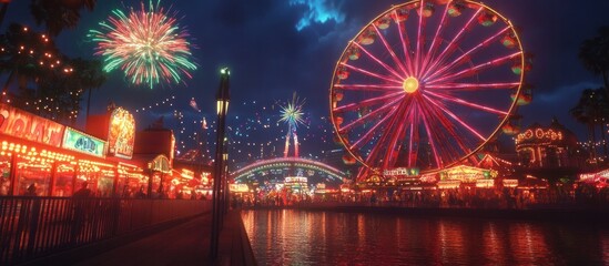 Fototapeta premium Mesmerizing scene of a lively carnival at night featuring a towering Ferris wheel illuminated with colorful lights and a spectacular display of dazzling fireworks lighting up the sky