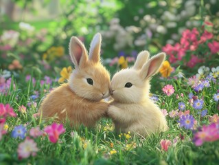 Fototapeta premium Two Fluffy Bunnies Nuzzling in a Colorful Meadow with Heart Shaped Wildflowers Romantic Springtime Bliss, valentine, easter