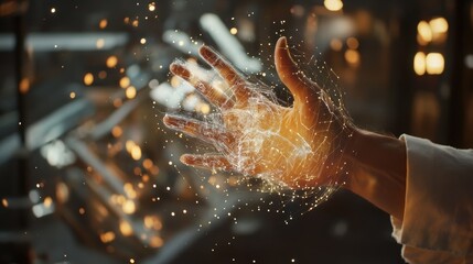 Engineer utilizing augmented reality with glowing interconnected dots and lines from an outstretched hand in a futuristic industrial setting filled with sparks and lights
