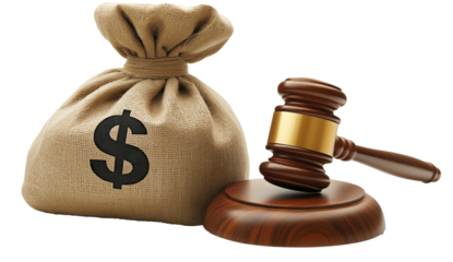 Brown money bag with dollar symbol next to wooden gavel on white background. legal and financial concept. Design for banner, poster, print, and web 