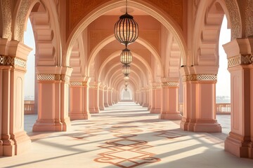 A serene image of a traditional Islamic street lined with archways and ornamental lanterns. The warm, golden light filters through the space, creating a peaceful, inviting atmosphere. Copy space at th