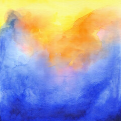 Vibrant watercolor landscape showcasing a sunset with warm orange and cool blue hues blending seamlessly in the sky