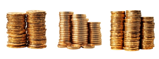 Set of gold coins stacks isolated on transparent background 