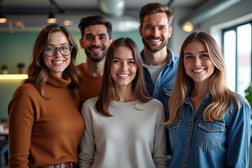 Fototapeta premium Cheerful Group of Young Professionals Standing Together in Modern Office Space, Showcasing Team Spirit and Collaboration