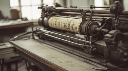 Fototapeta premium Vintage printing press machine with text on roller.