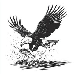 A striking modern illustration of an osprey or sea hawk, portrayed as a silhouette, in the act of hunting a fish from the water