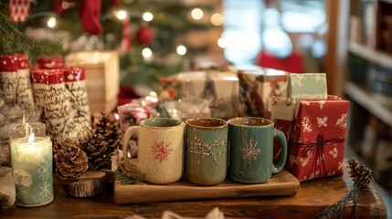 A cozy holiday display featuring handcrafted gifts such as painted mugs, sewn pouches, and homemade soap