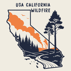 USA California wildfire pollution Natural disaster landscape silhouette and map vector 