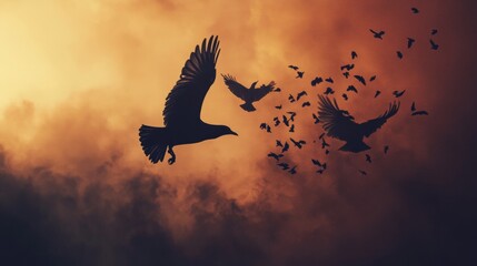 Fototapeta premium Silhouettes of birds flying in a vibrant sunset