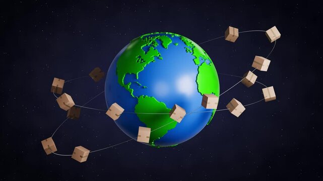 World Trade concept or Transportation Concept: Cardboard boxes rotating around an  artificial globe. Space background with stars