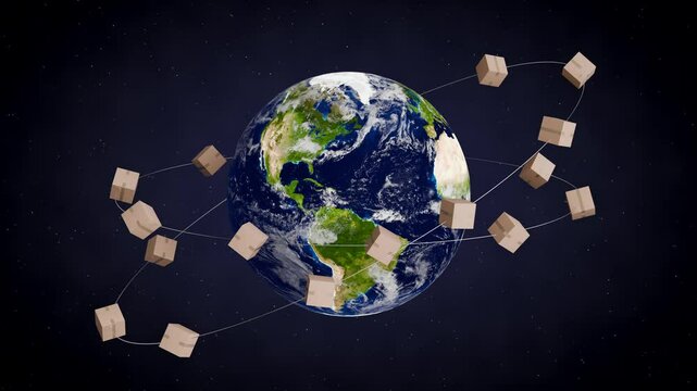 World Trade concept or Transportation Concept: Cardboard boxes rotating around planet earth. Space background with stars