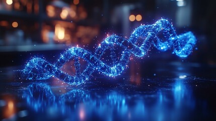 Fototapeta premium A glowing hologram of a DNA blueprint displayed in a lab, with rotating 3D strands and data points. 183