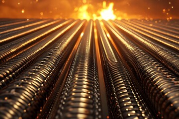 Fototapeta premium A close-up of metallic gas pipes with intricate welding marks and texture, against a deep orange sky lit by the flame of a nearby flare, adding warmth to the metallic hues. 