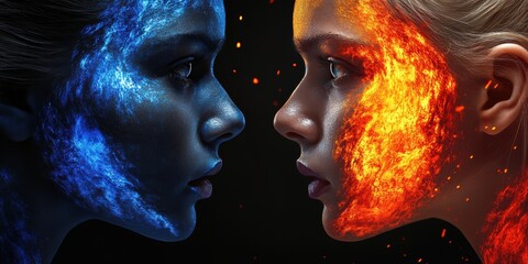 Contrasting Elements: Faces in Blue and Fire, Evoking Emotion and Duality for Artistic Expression