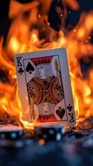 King and ace playing cards burning with dice on fire background