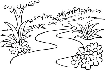 Flowing River with Blooming Plants Line Art Vector for Book Design